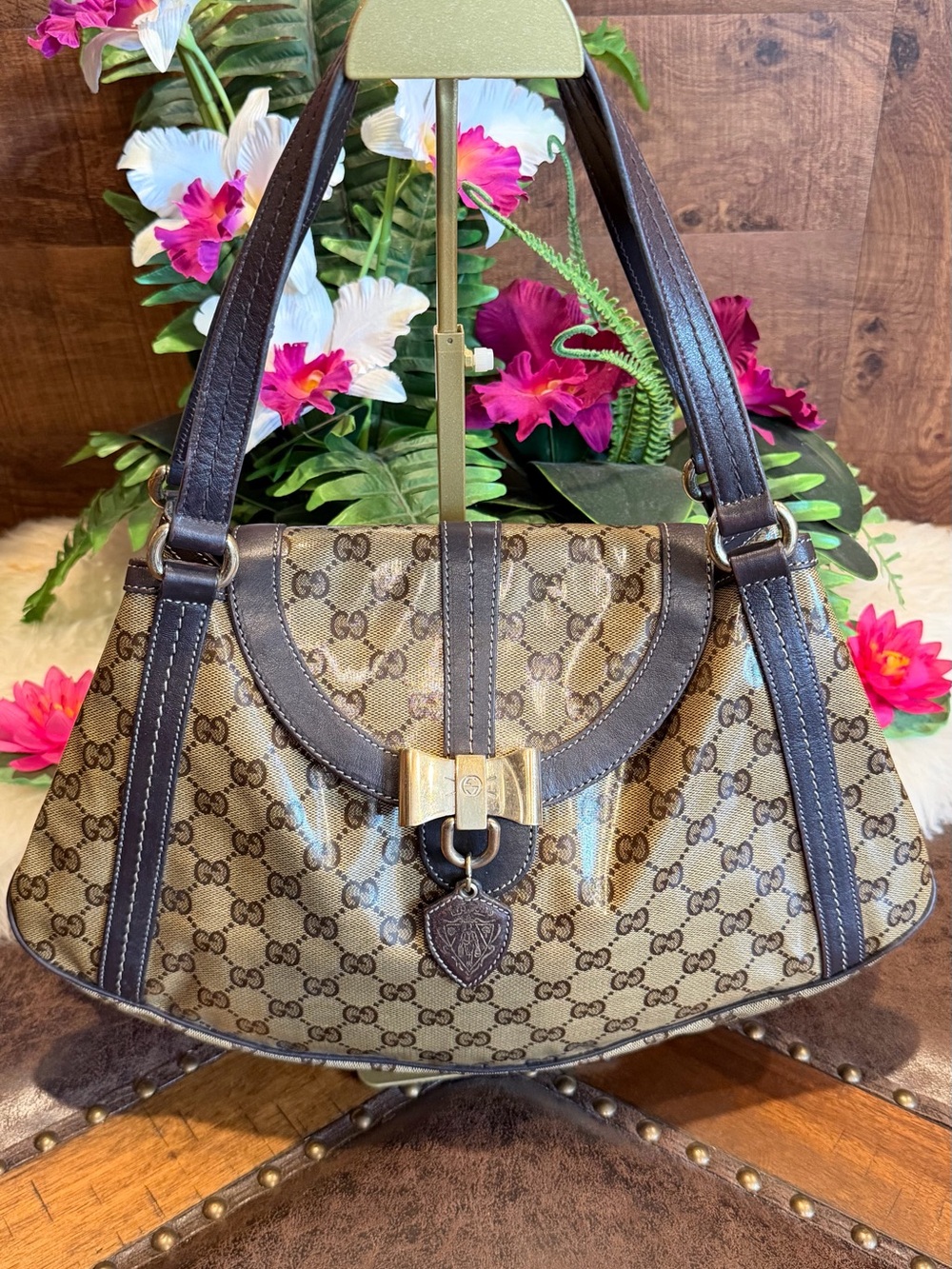 Gucci Beige GG Canvas Shoulder Bag with Brown Trim and Gold Hardware